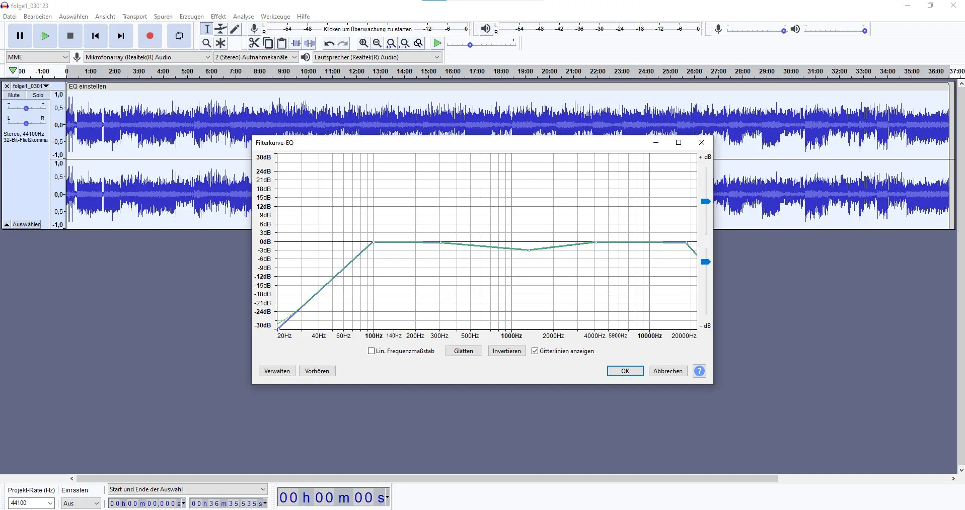 Screenshot der Equalizer-Einstellung in Audacity. 