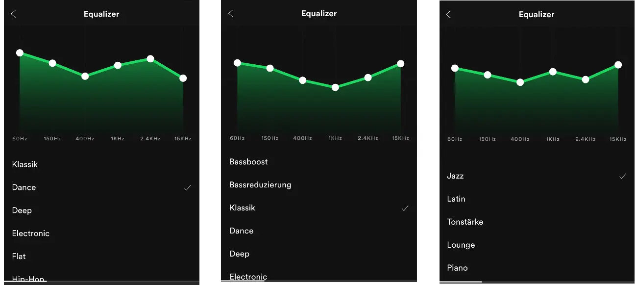 Configuration par défaut « dance », « classique », et « jazz » sur l’égaliseur Spotify